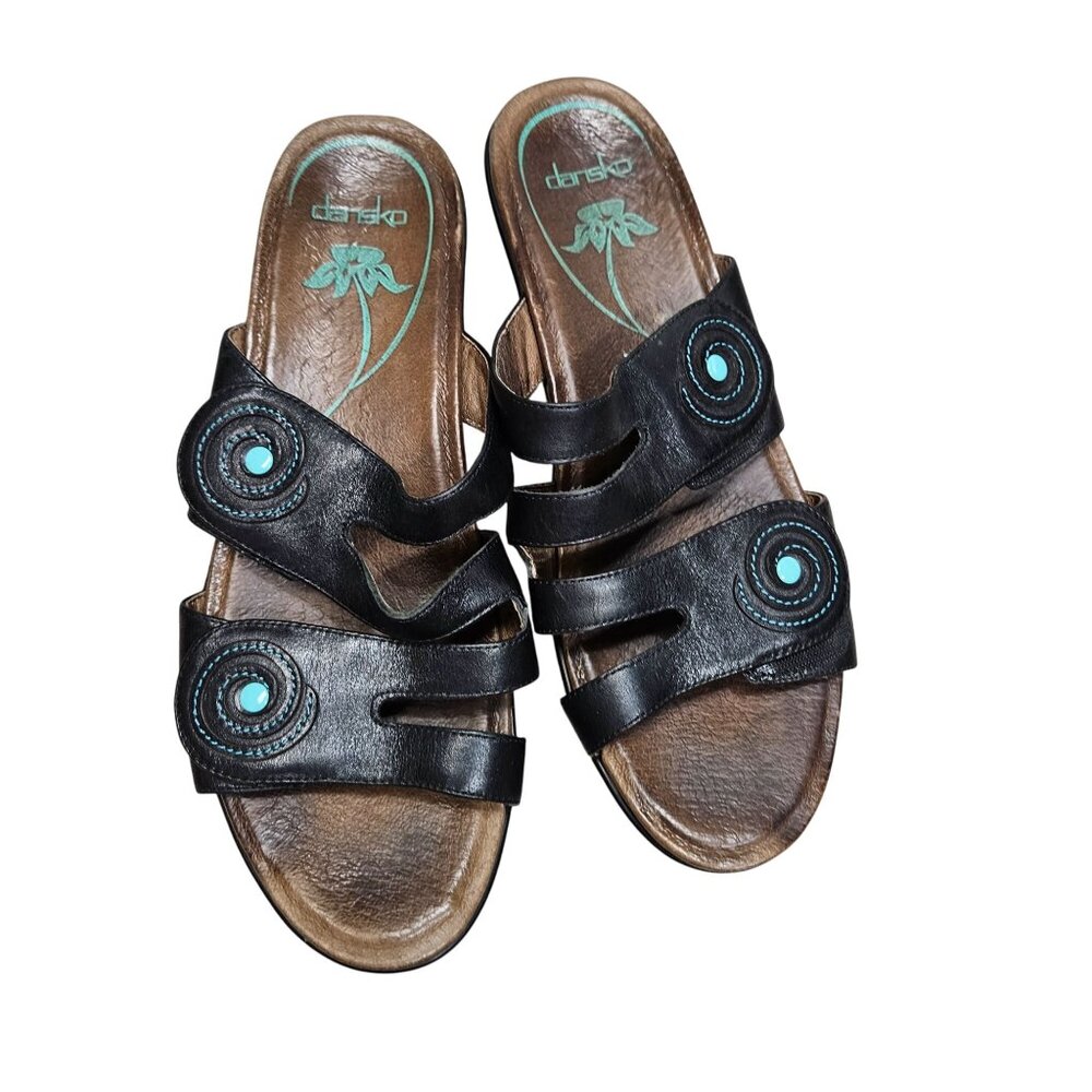 Dansko Womens Leather Platform Sandals Size 40 Hook Loop Straps‎ Black Turquoise - Picture 2 of 14